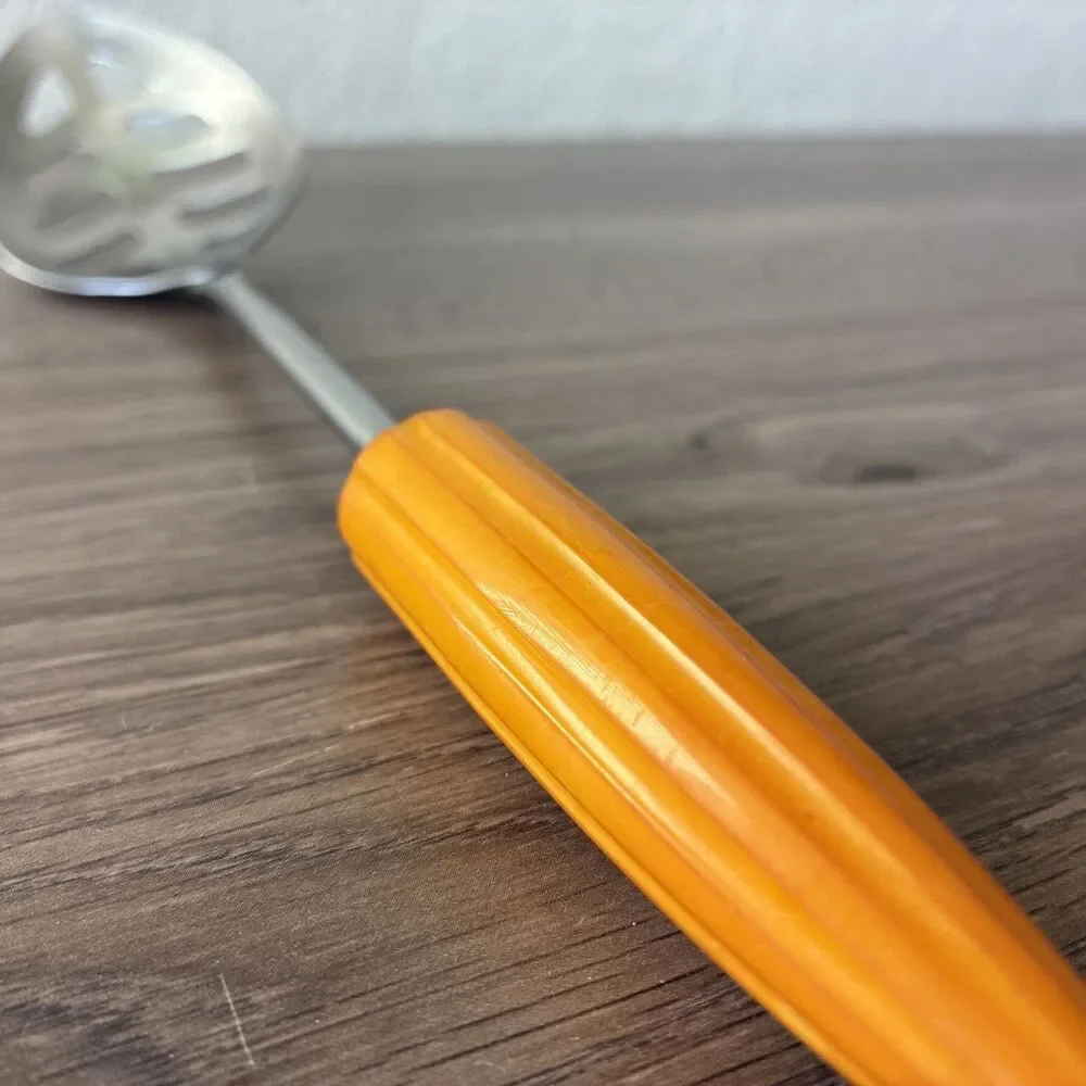 Vtg Androck Slotted Serving Spoon, Catalin Bullet Handle Stainless, USA, 1930s